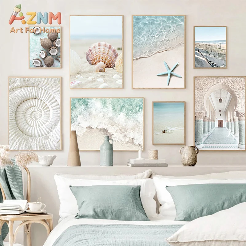AZNM Frameless 2D Flat Soft‑toned Seashell Starfish Beach Scenery Canvas Print, Reusable Coastal‑style Bedroom Wall Art Decor