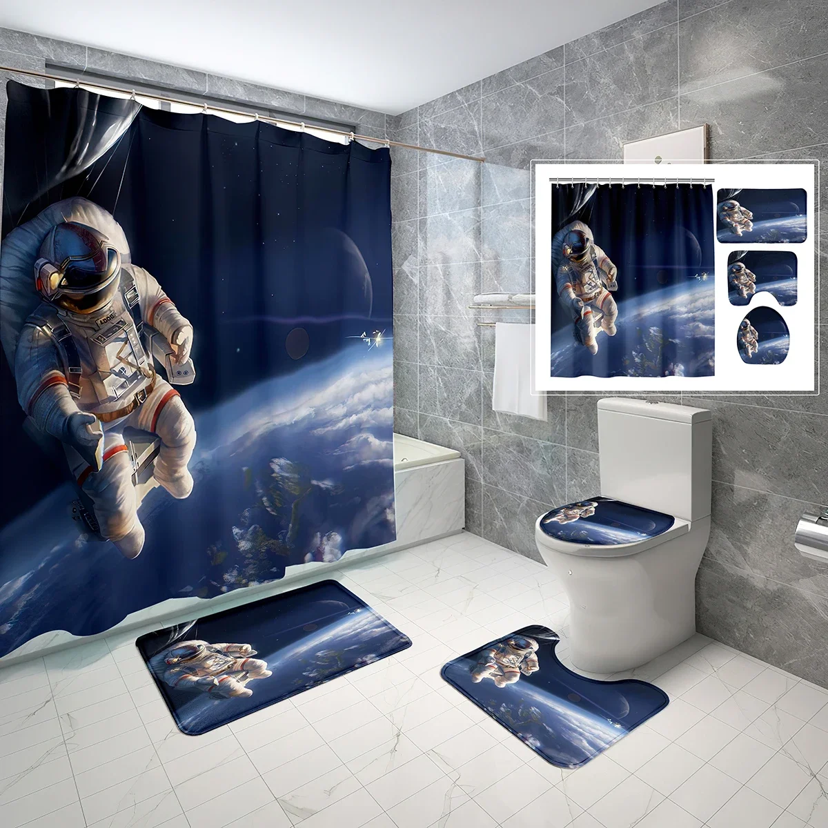 

4 Pcs Fantasy Outer Space Astronaut Shower Curtain Set, with Non-Slip Toilet Lid Cover Bath Mat Galaxy Bathroom Decor with Hooks