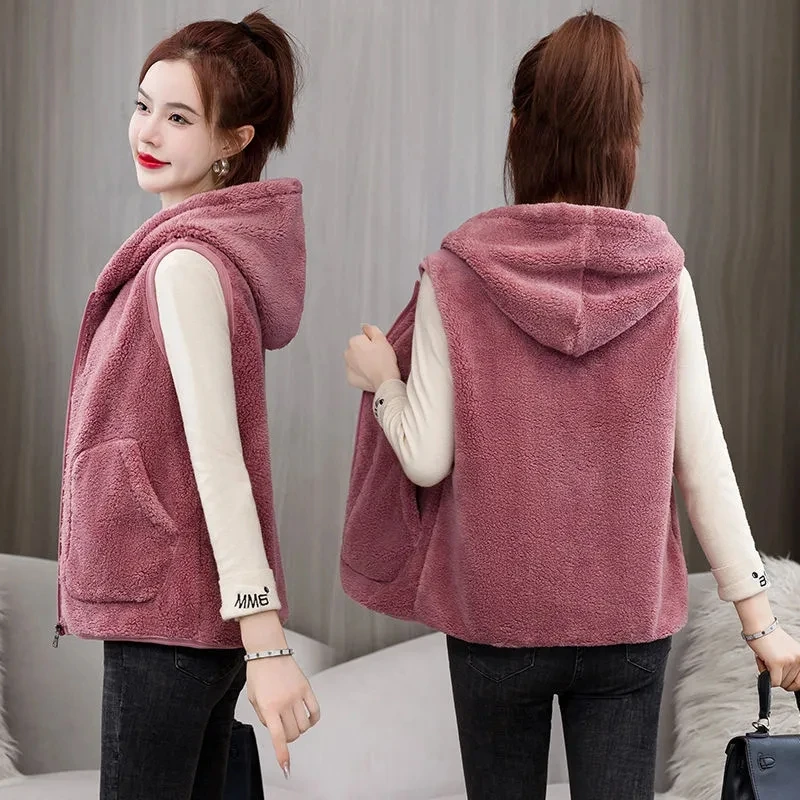 4XL Autumn Winter Korean Vest Jacket 2025 New Women\'Hooded Polar Fleece Sleeveless Jacket Lady Casual Warm Soft Waistcoat Tops