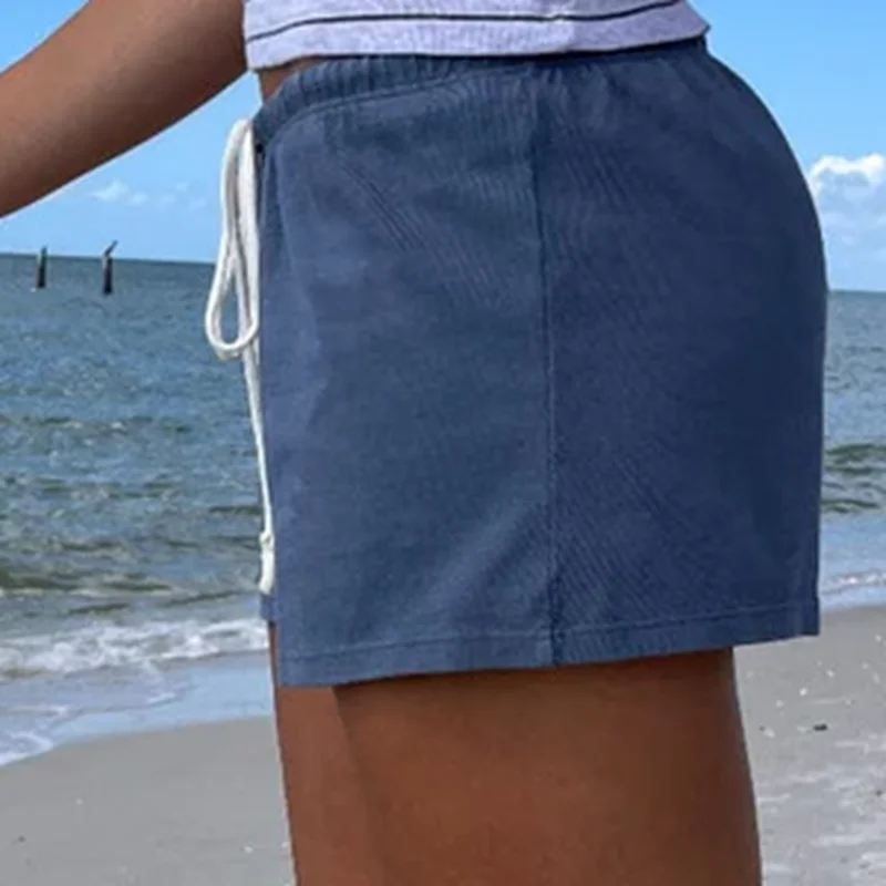 شورت نسائي أساسي برباط كاجوال أنيق بلون سادة منخفض الارتفاع لجميع المواسم