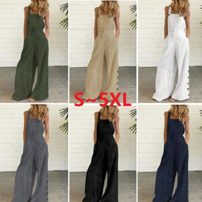 

2025new women's solid color sleeveless side wide leg pocket casual jumpsuit