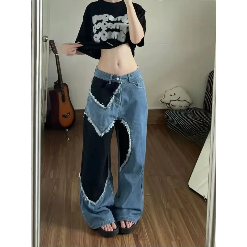 

Fashion Sweet Cool Love Splicing Contrasting Seven Point Jeans Female 2026 Spring Summer New Loose Straight Wide Leg Pants Women