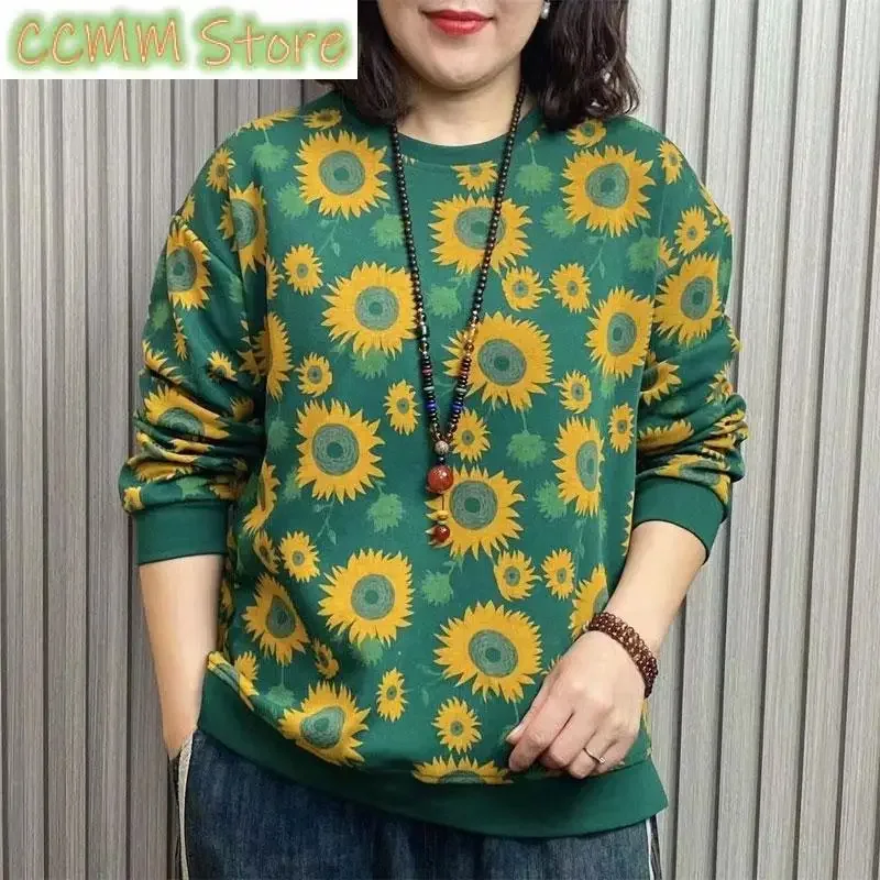 Women's Clothing Korean Sweatshirts Vintage Floral Printed Spring Autumn New Commute Long Sleeve Casual O-Neck Spliced Pullovers