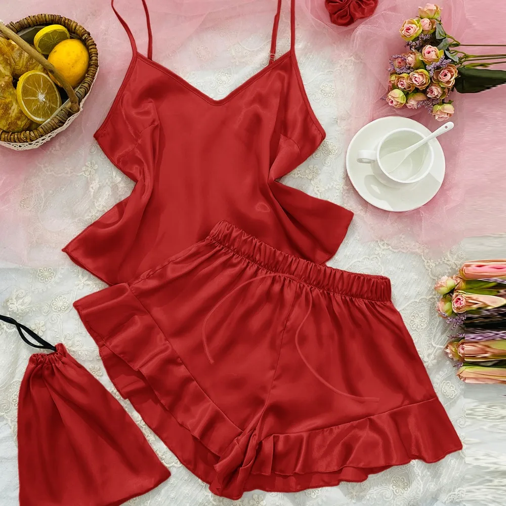 

Imitation Silk Suspender Home Clothing Three-piece Set Simple Casual Ice Silk Backless Suspender Shorts Set Pajamas Women