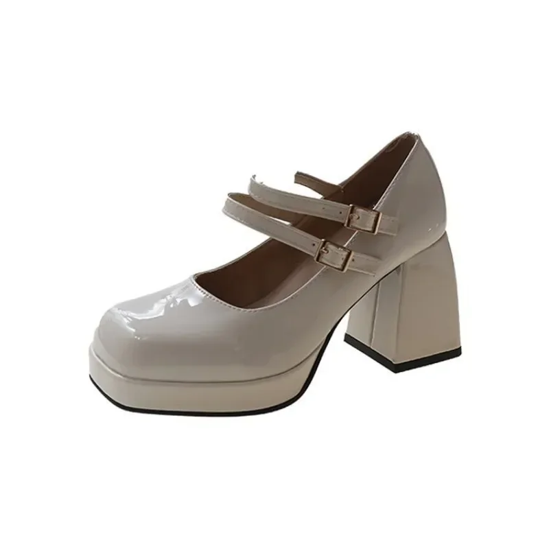 2025 New Lacquer Leather Women's Double Button Thick High Heels Women's Square Head Buckle Thick Heels Large Heels Women's Shoes - view 4
