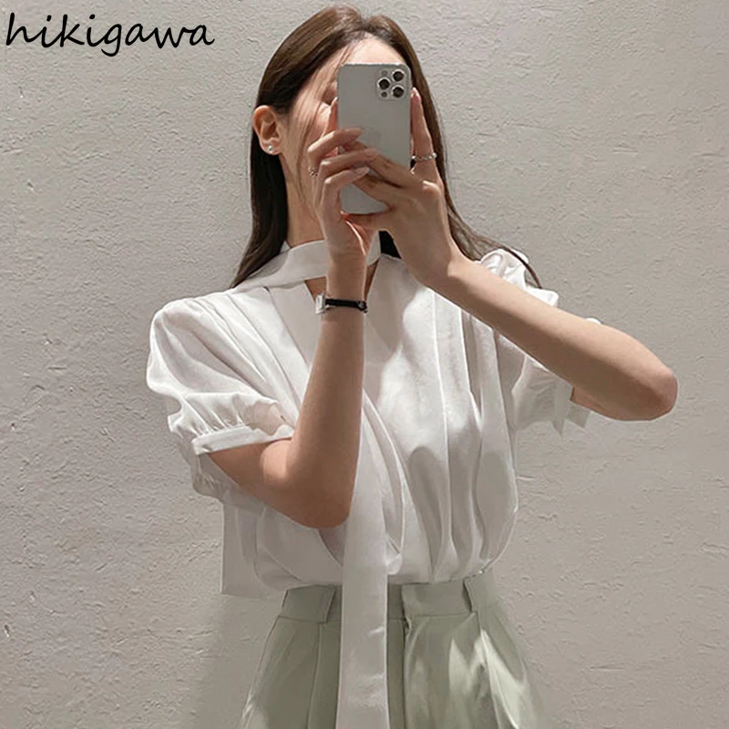 Korean Chic Blouses for Women V-neck Puff Sleeve Solid Color Shirts 2024 Blusas Mujer De Moda Vintage Summer Elegant Blouse Tops