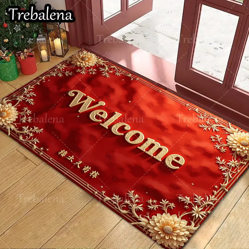 

1pc Welcome Door Mat Red Welcome Mat with Gold Floral Border for Home Entrance Decor