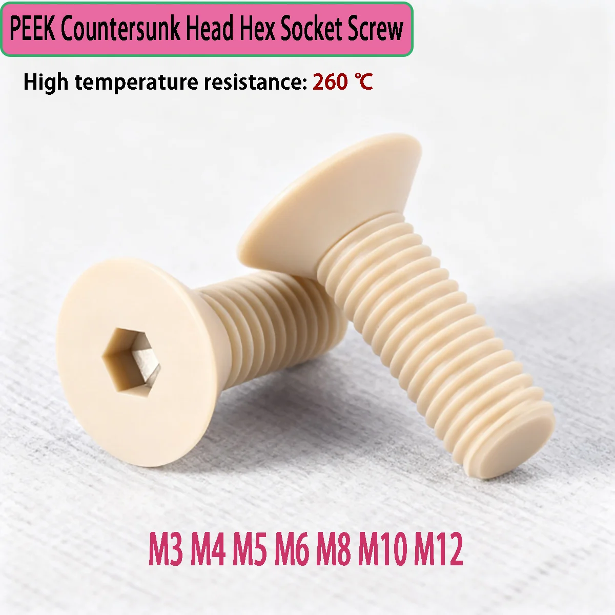 

PEEK Countersunk Head Hex Socket Screw - High Temp Resistant Acid-Alkali Proof Plastic Flat Head Bolt M3-M12