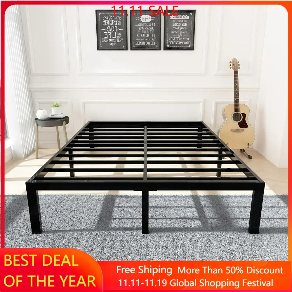 

Bed Frame, Sturdy Steel Slat Mattress Foundation, Metal Reinforced Platform Box Spring Replacement, Easy Assembly & Quick Lock