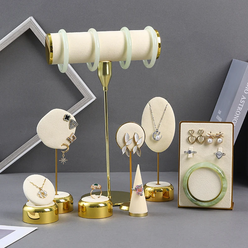 Beige Jewelry Display Props with Metal Base Earring Necklace Organizer Holder Jewelry Counter Earrings Rings Display Stand