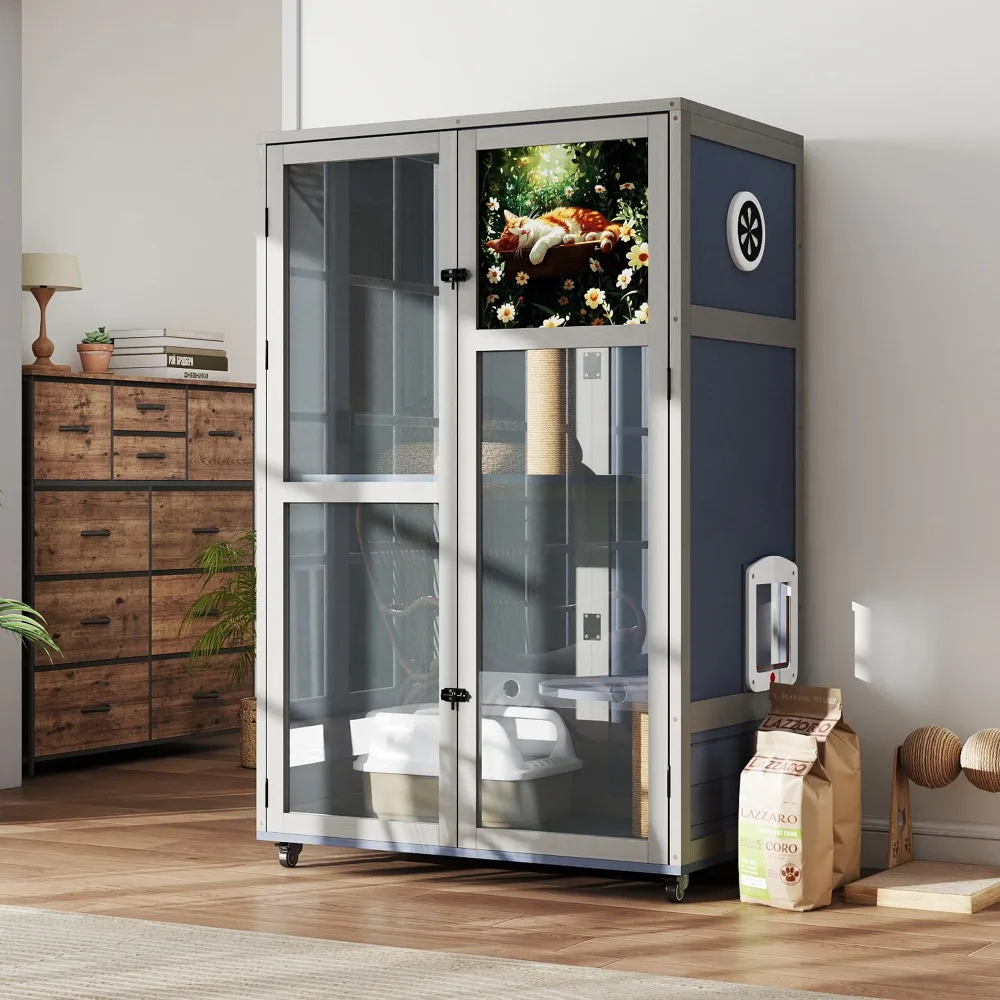 Large Wooden Cat House on Wheels, Indoor Cat Villa with Condo, Multi Platforms, Scratchers, Vent, Litter Box Area