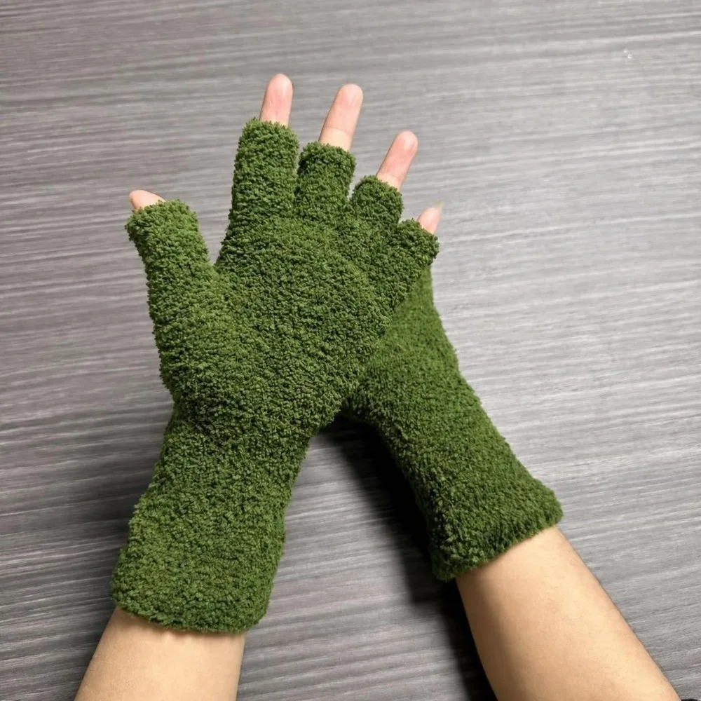 Cozy Solid Color Half Finger Gloves Coral Fleece Thicken Knitted Gloves Touchscreen Elastic Cuff Warm Gloves Outdoor