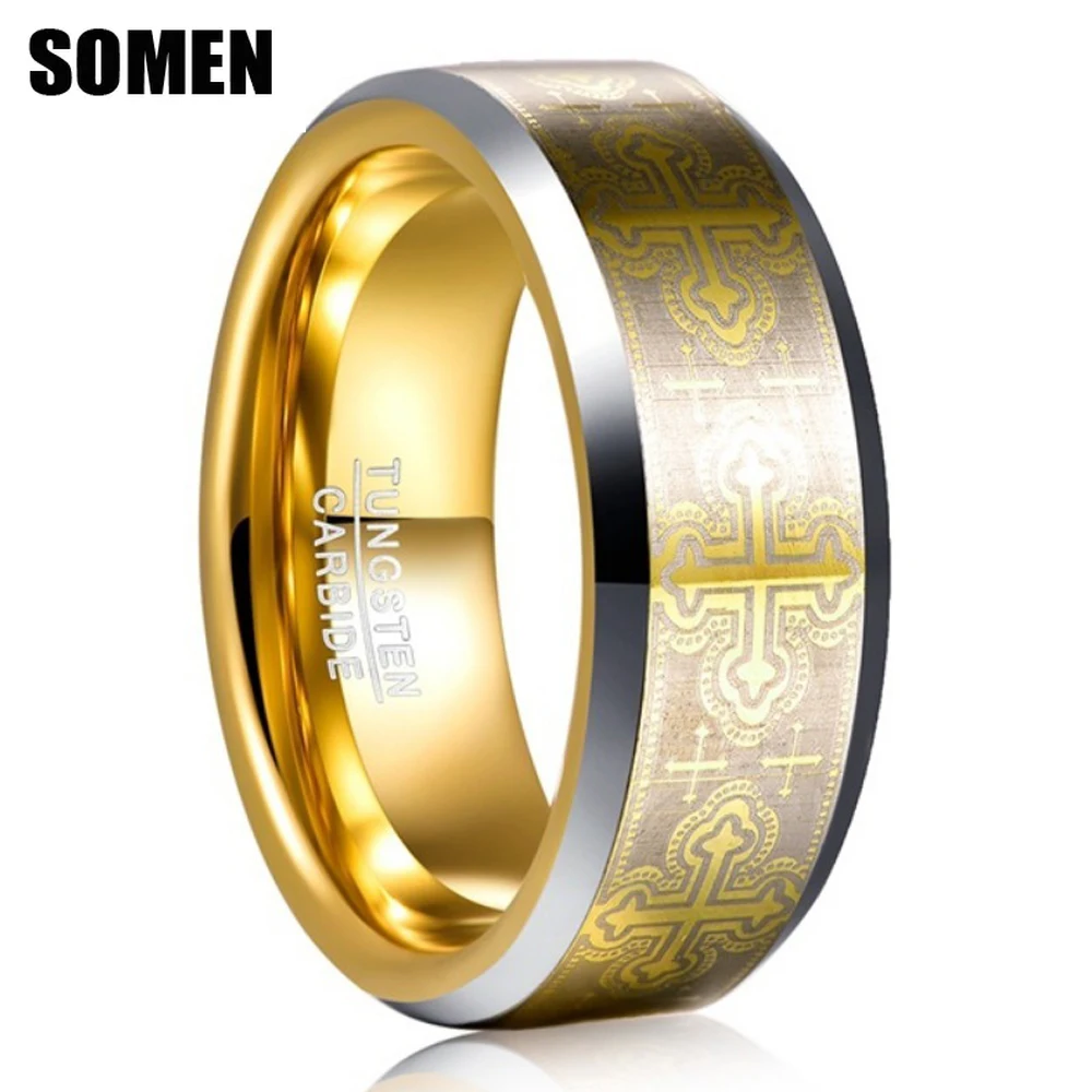 Somen 8mm Golden Tungsten Wedding Band Ring For Men Cross Engraved Beveled Edge Polished Engagement Rings Jewelry anillos hombre