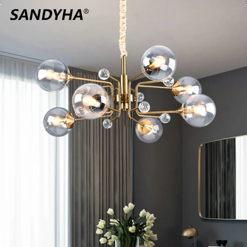 

SANDYHA Modern Copper Art Pendant Lights Glass Ball Lampshade Ceiling Chandelier Living Room Bedroom Decoration Lighting Fixture