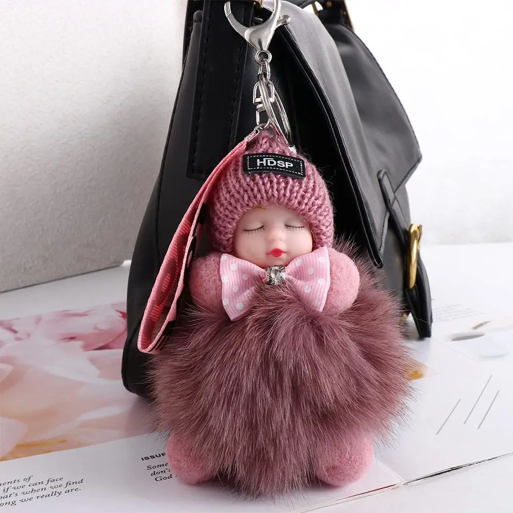 Accessories Ball Pendant Backpack Cars Key Ring For Girls Fluffy Plush Doll Pompom Keyring Plush Keychain Sleeping Baby Doll