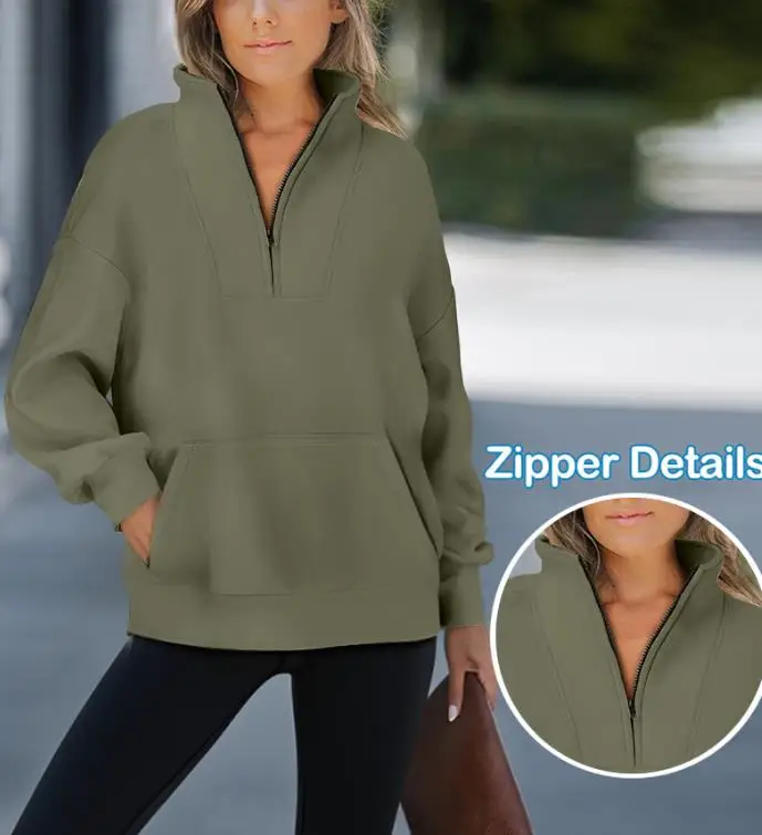 Women's Sweatshirts 2025 Spring Autumn New High Neck Half Zip Long Sleeve Kangaroo Pocket Sweatshirt Casual Drop Shoulder Top