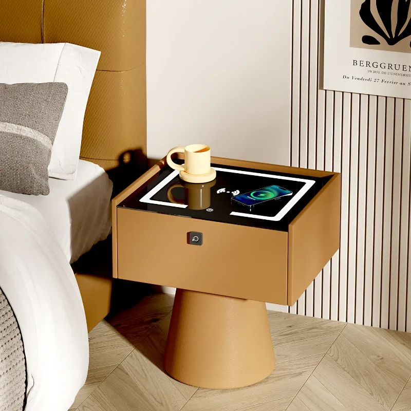 Smart bedside table Solid wood storage cabinet Multifunctional rechargeable locker with fingerprint lock Safe