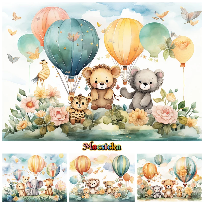 

Mocsicka Hot Air Balloon Backdrop Photography Spring Flower Animal Lion Baby Shower Children Photo Background Decor Photo Studio