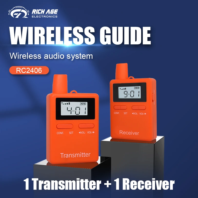 

RICH AGE RC2406 Orange Audio Guide System 1 Transmitter Plus 1 Receiver With Microphone For Travelling Horseback Riding Churches