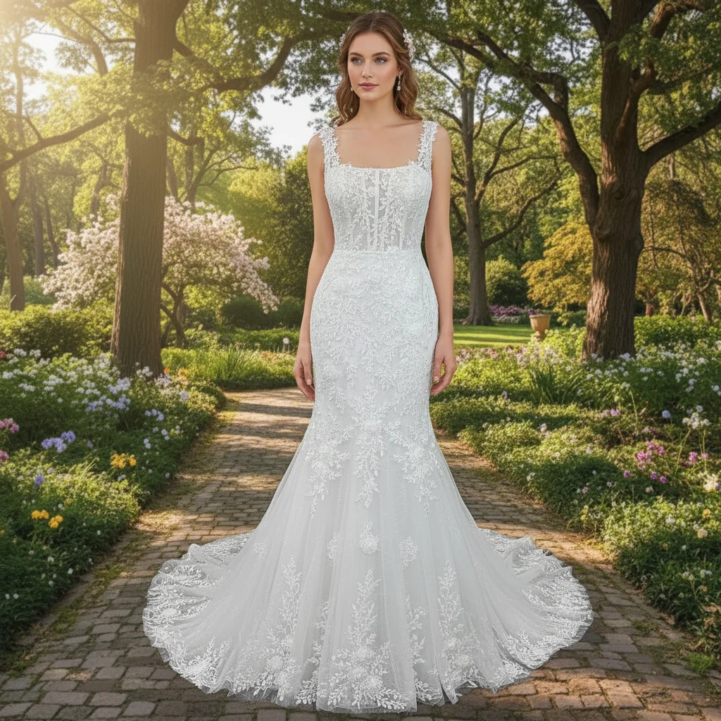 Rosymae Elegant Trumpet Wedding Dress Lace Square Neckline Sheer Bodice Gown for Brides vestidos diseñador lujo