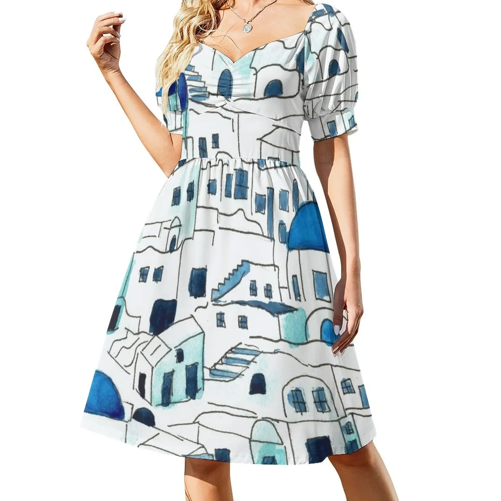 

Santorini Watercolor Painting Short-Sleeved Dress elegant party dresses for women 2025 summer dresses