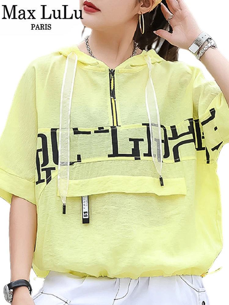 Max LuLu Summer Fashion Korean Hooded Tops Womens 2024 Printed Zipper Loose Leisure Tee Shirts Ladies Harajuku Classic Clothes