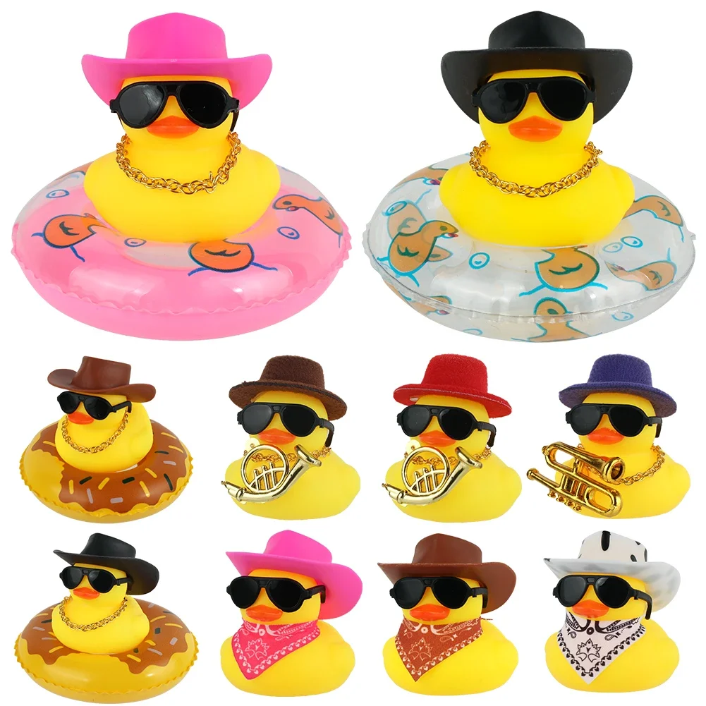 Duck Rubber Dashboard Decorations Ornament Yellow Duck with Mini Swim Ring Sun Cowboy Hat Necklace for Auto Office Home Decor