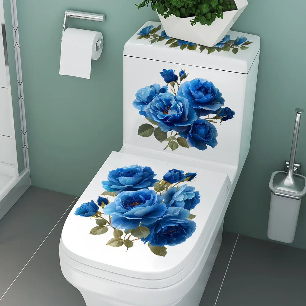 Blue Rose Toilet Seat Stickers - 3Pcs Waterproof Bathroom Decor Set, Self-Adhesive Floral Toilet Lid Decals for WC Tank & Seat,