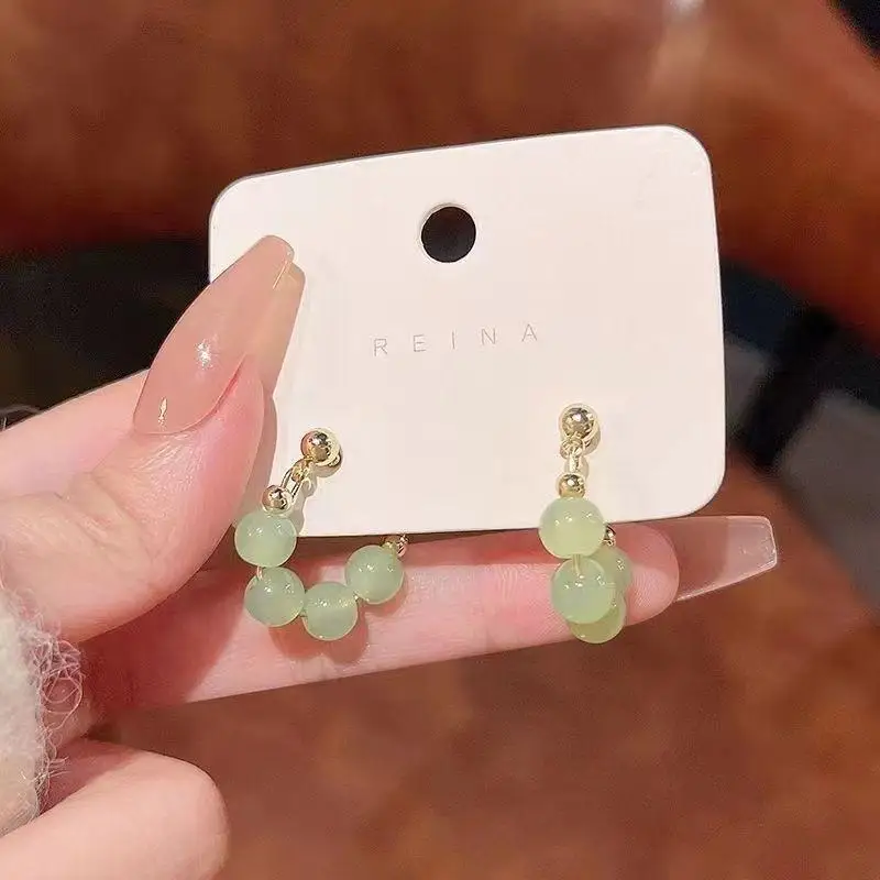 Light Green Resin Bead Hoop Earrings Gold Plated Hypoallergenic For Daily Work Dates