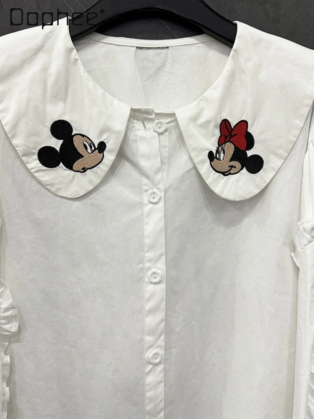 

2025 Spring New Cartoon Design Doll Collar Long-sleeved White Shirt Women's Loose Casual Versatile Shirt Blouse Women