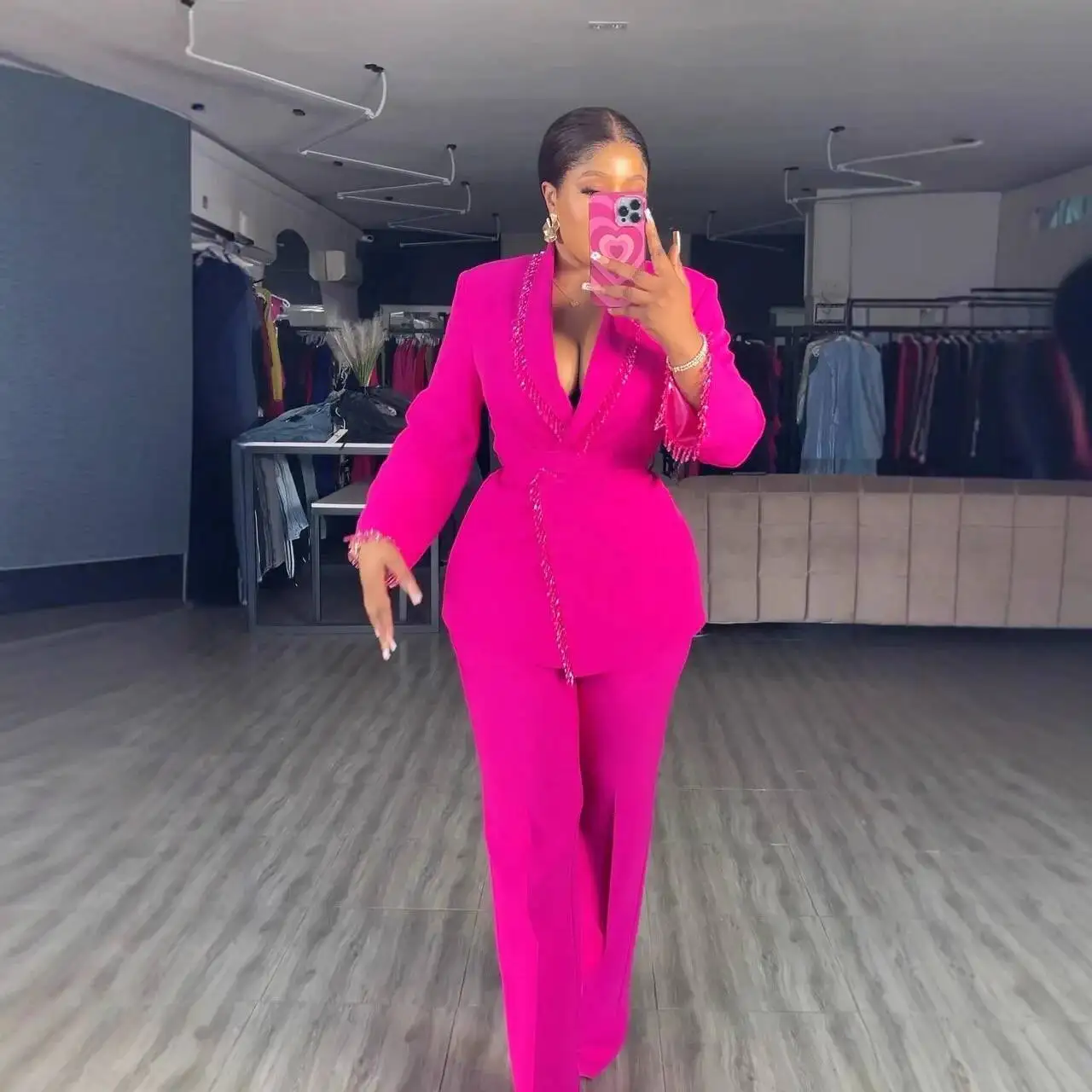 

V-neck Beaded Tie Waist Long Sleeve Blazer High Waist Versatile Straight-leg Pants Set Two-piece Set