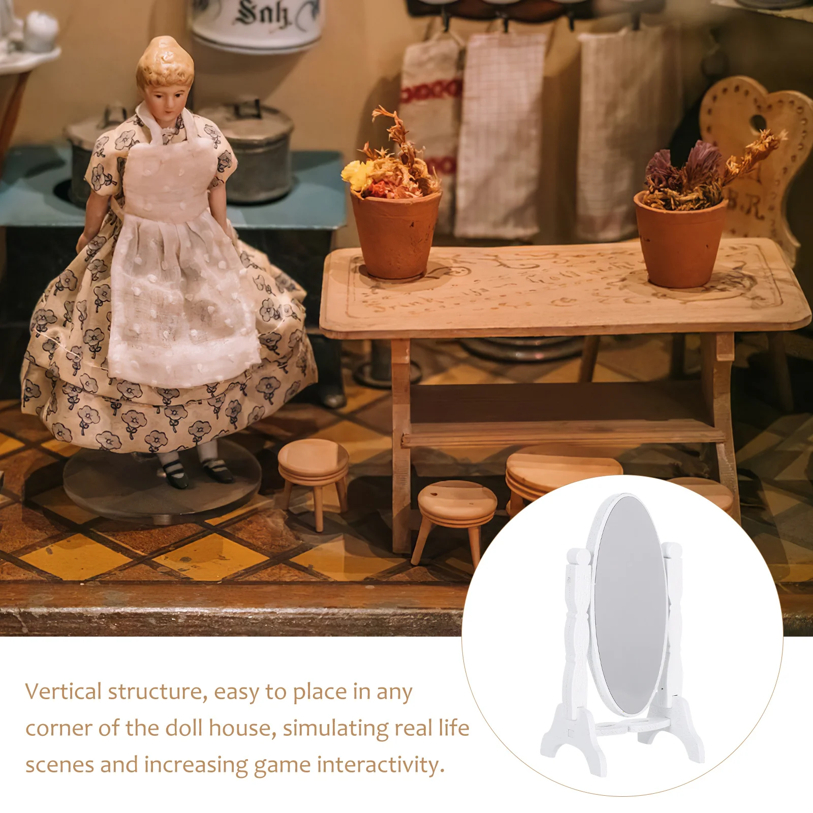 2 個ミニチュアヴィンテージスタイルスタンディングミラー木製フレーム 1:12 スケール装飾テーブルミラードールハウス寝室家具用