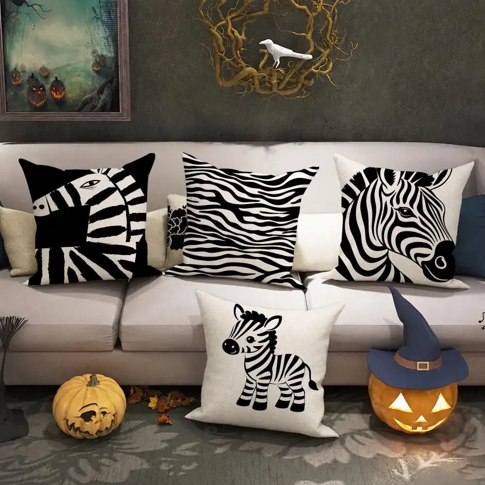 Black White Zebra Pattern Cushion Cover Halloween decoration trick or treat cushion cover, ghost, pumpkin head, bat decoration