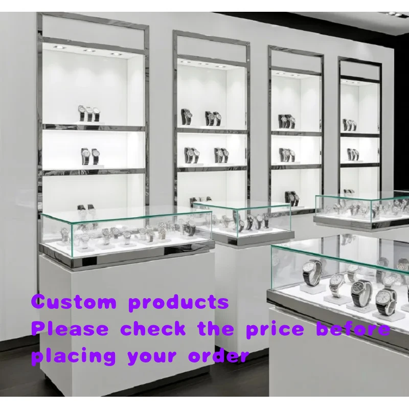 custom.Luxury Minimalist White Steel Watch & Jewelry Display Cabinet Set, Custom High-End Watch Island Counter & Wall Show