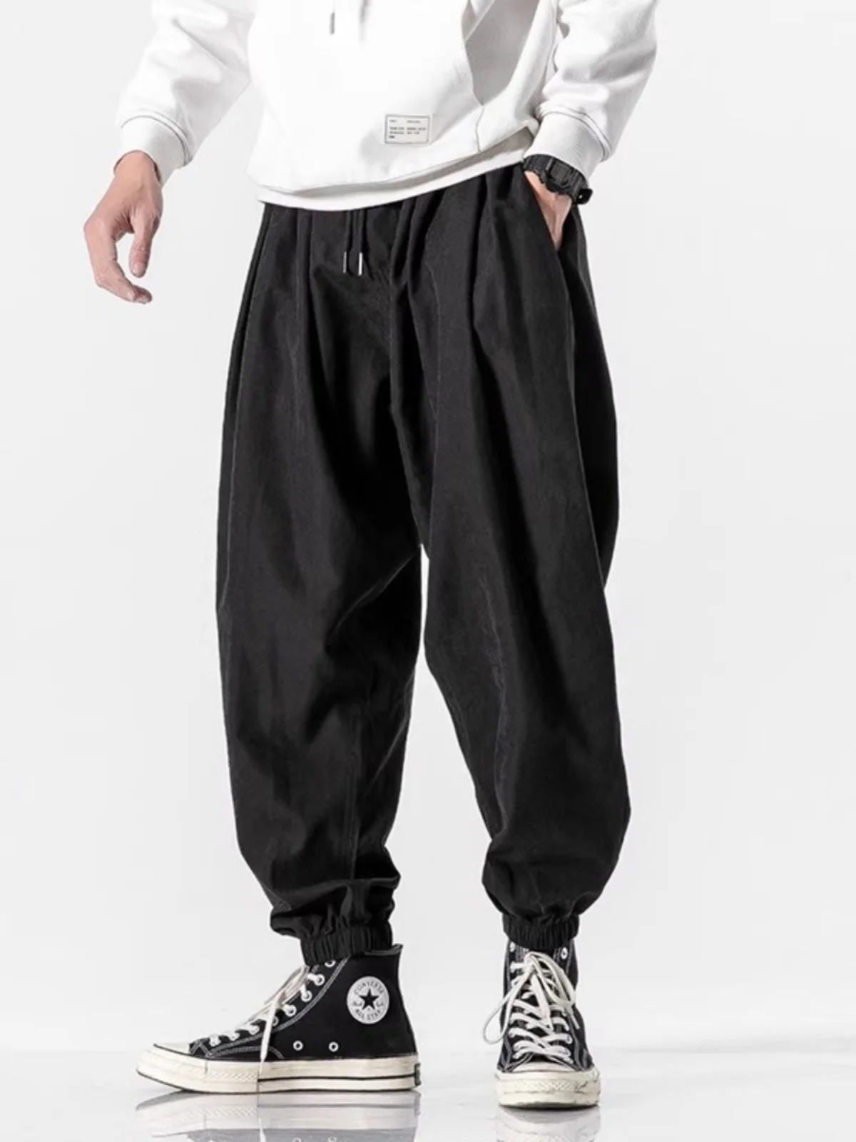 

Японские брюки для папы в стиле Харадзюку, мужские осенние брюки с манжетами большого размера, модные брюки с девятью точками, повседневные свободные брюки