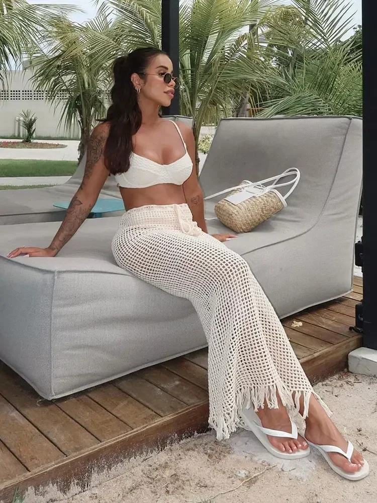 Sexy Summer Knit Cut Out Beach Half Skirt Women Chic Drawstring Fringed Casual Wrap Skirts 2024 Pool Party Swimwear Cover Up K50