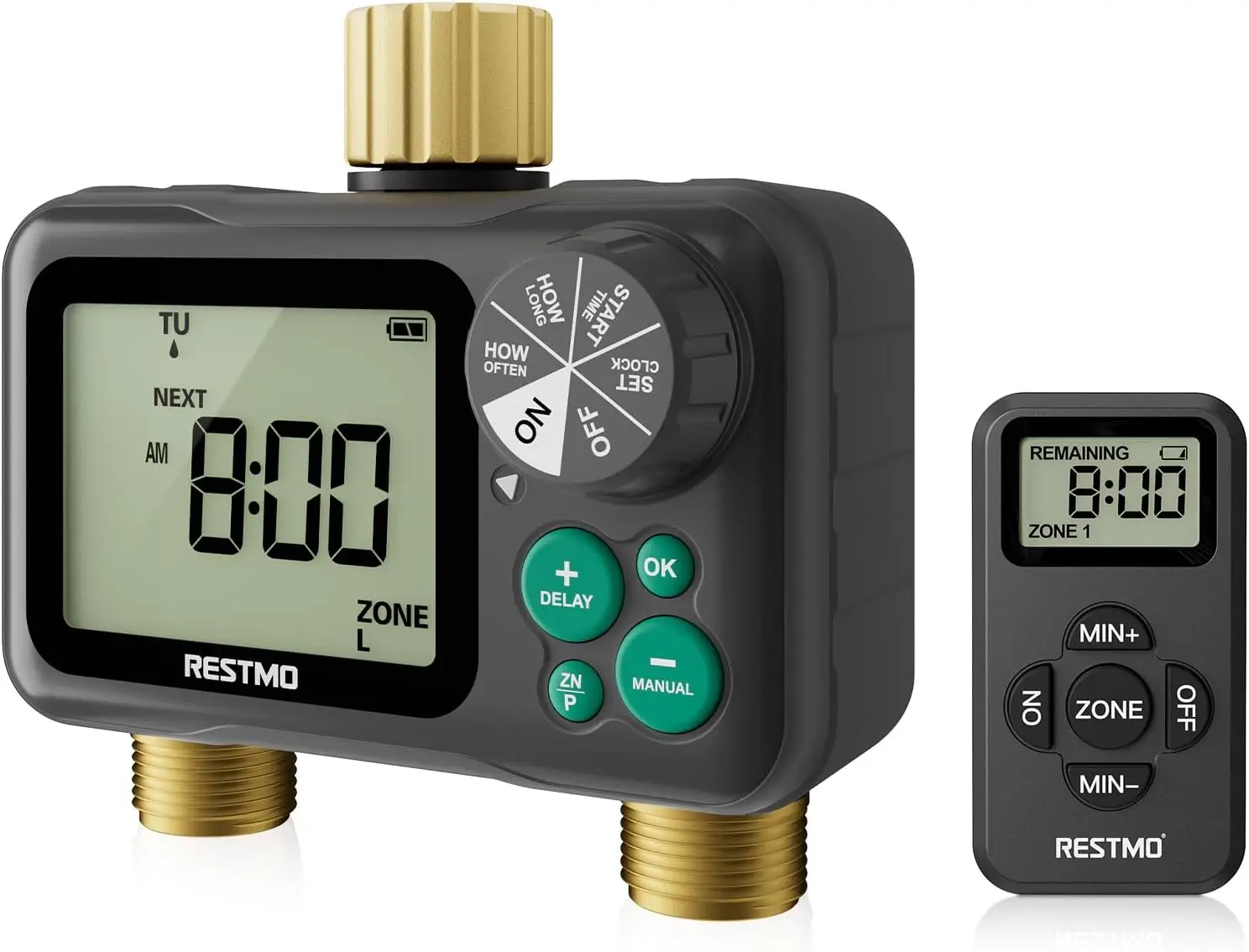 

Таймер для полива с дистанционным управлением, латунный, для наружного шланга, 2-зонный программируемый, с функцией отсрочки полива при дожде и автоматическим орошением