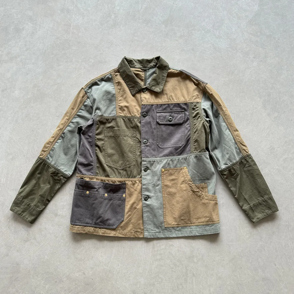 Vintage Amerikanische Mosaik-Patchwork Farbblock-Arbeitsjacke 100% Baumwolle Überhemd mit Reverskragen Streetwear für Herren