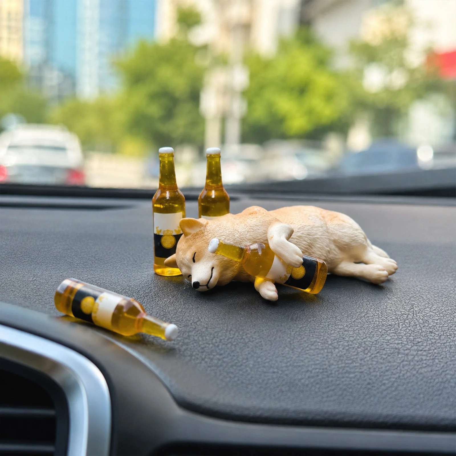 Cute Resin Dog Statue Simulation Drunk Shiba Inu Car Decoration Realistic Figurine for Vehicle Interior Car Dashboard Decor