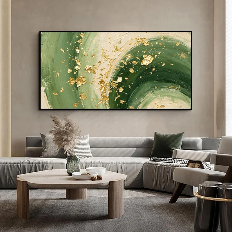 Original Thick Impasto Abstract Oil Painting, Handpainted Emerald Green Gold Foil Relief Art, Large Canvas Wall Hanging