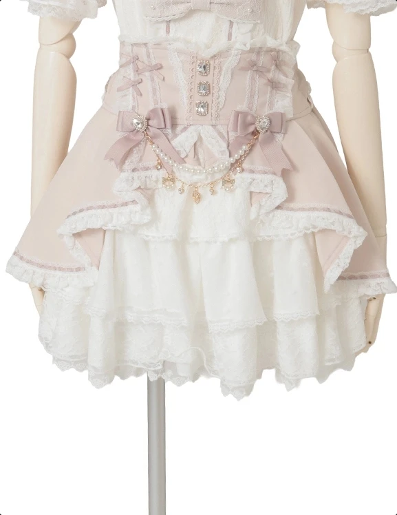 Falda japonesa nueva de otoño de dos piezas de imitación de cintura alta con forma de pastel, faldas elegantes con lazo de diamantes y cadena de Lolita, faldas cortas de princesa acampanadas