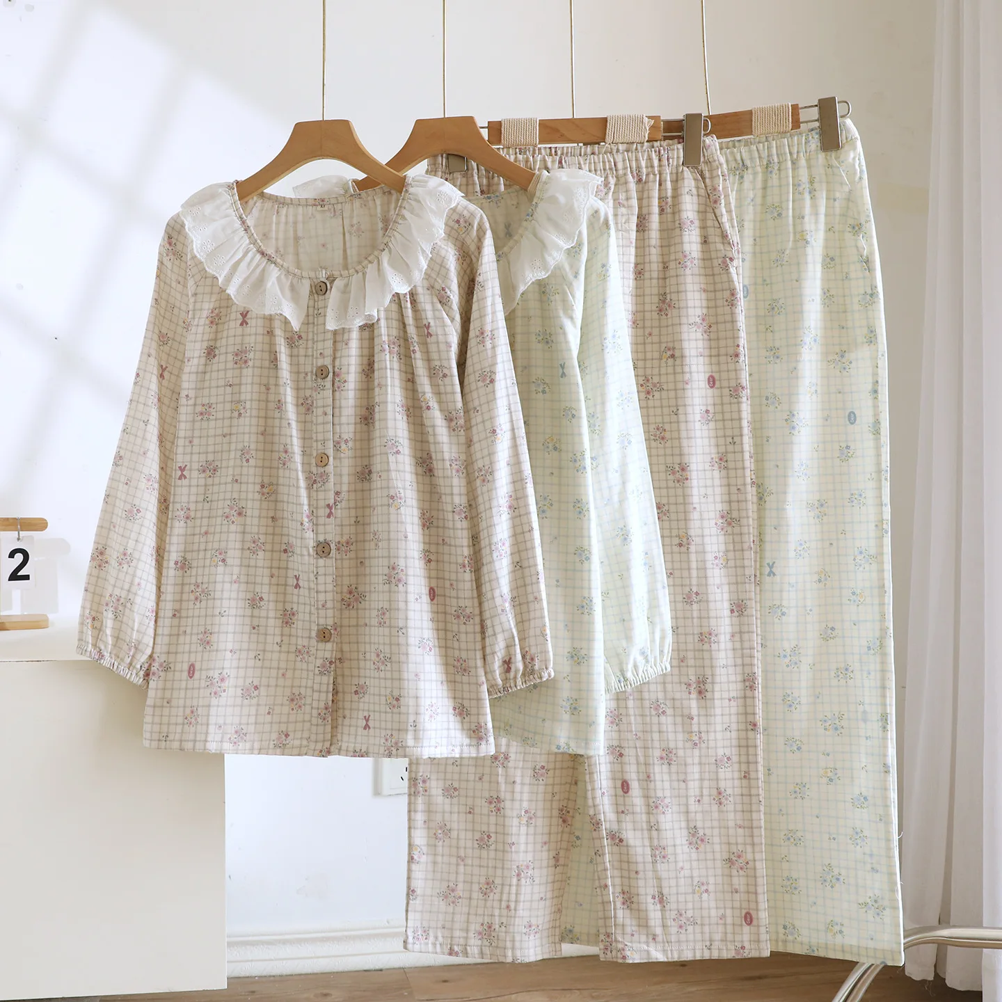 

Spring Autumn Cotton Sweet Lace Doll Collar Women's Pajamas Long-sleeved Trousers Loungewear 2 Piece Set