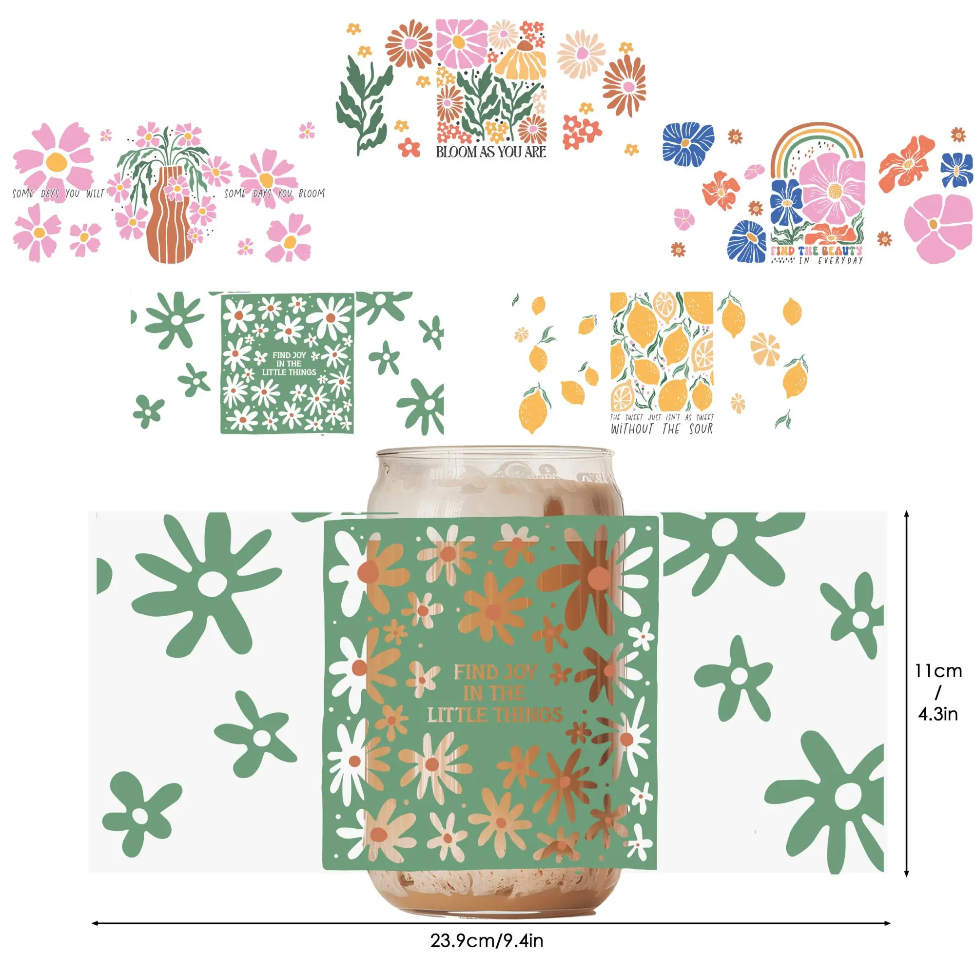 5pcs Boho flower UV DTF wraps: waterproof, scratch-resistant, fits 16oz jars, DIY stickers, crystal-look, 11x24cm.