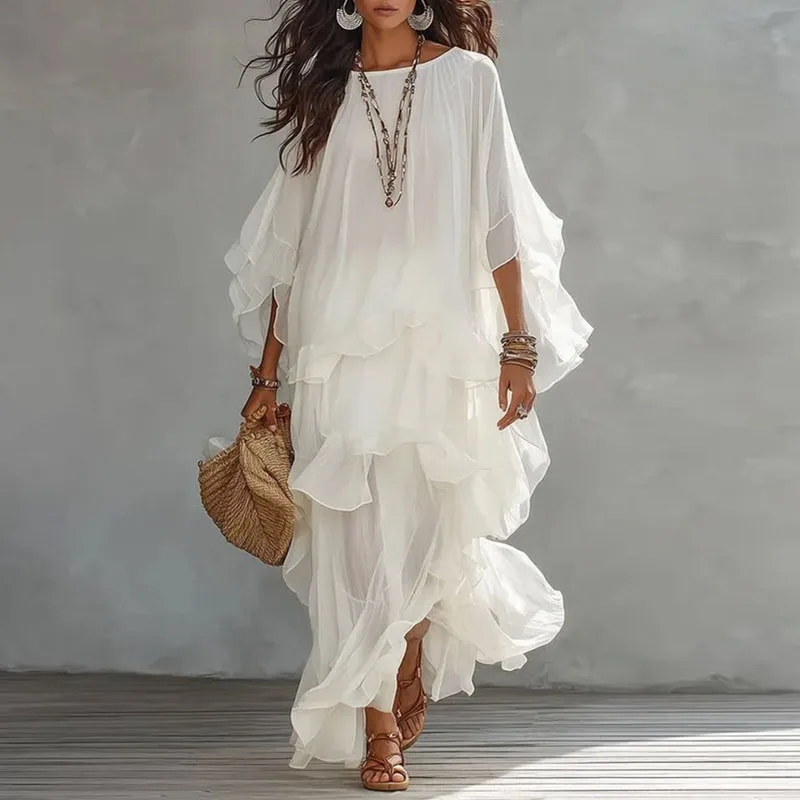 Elegant Multi-Layer Ruffle Maxi Dress Women Round Neck Flared Batwing Sleeve Loose Fit Bohemian Summer Beach Holiday Flowy Dress