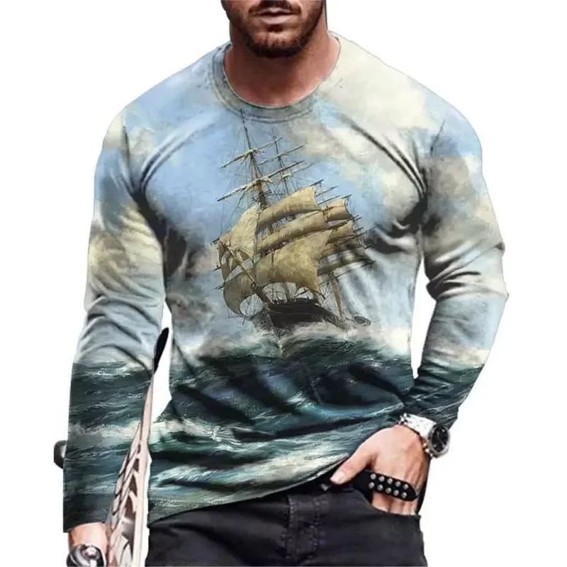 3D Print Casual Long Sleeve Vintage Men's T Shirt 2026 Navigation Sailing Ship Graphic Tee Streetwear Tops Fashion Clothing