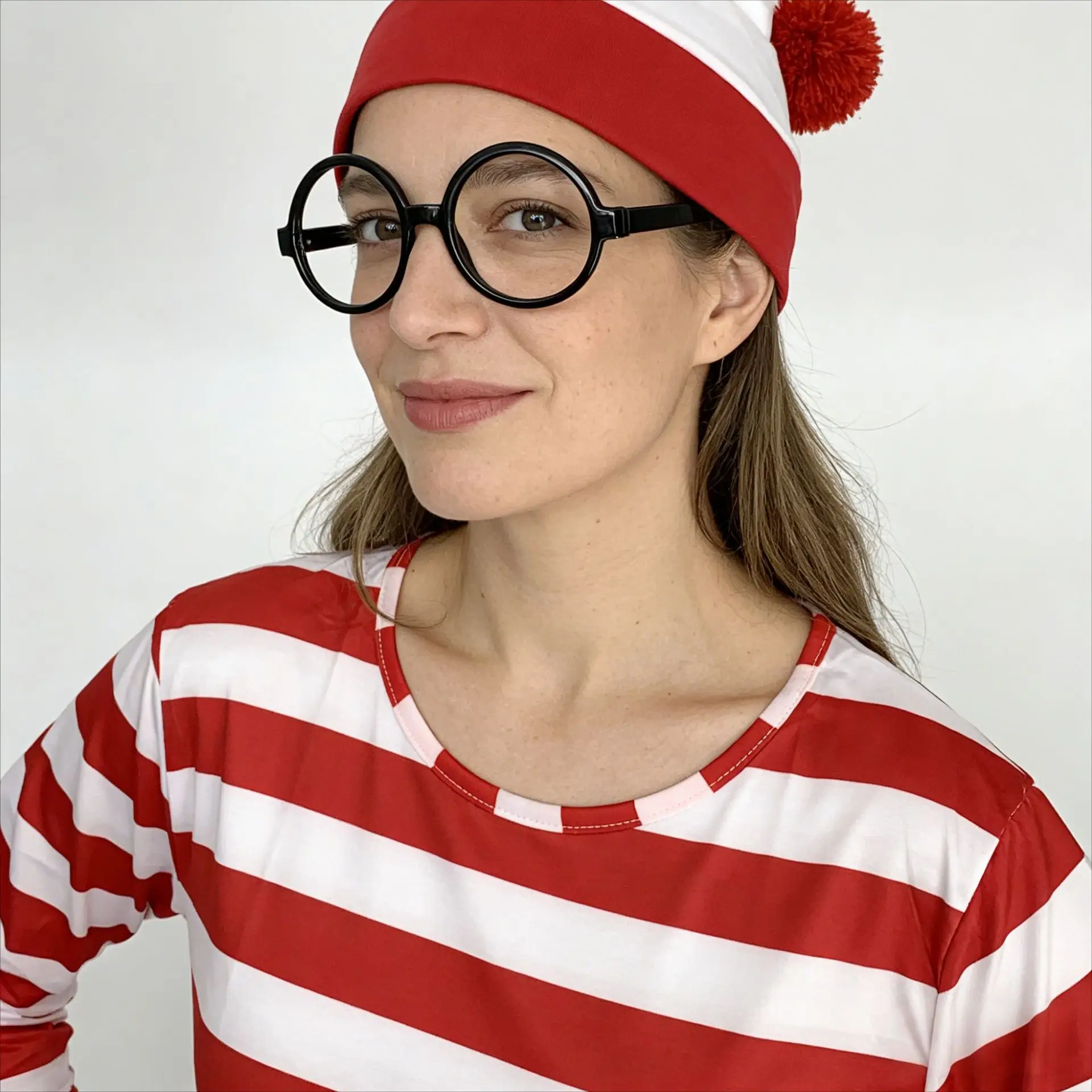 Cartoon Wheres Waldo Striped Shirt Youth Boys Wally Costume Shirt Glasses and Hat Socks Unisex Adults Carnival Cosplay Costume view 3