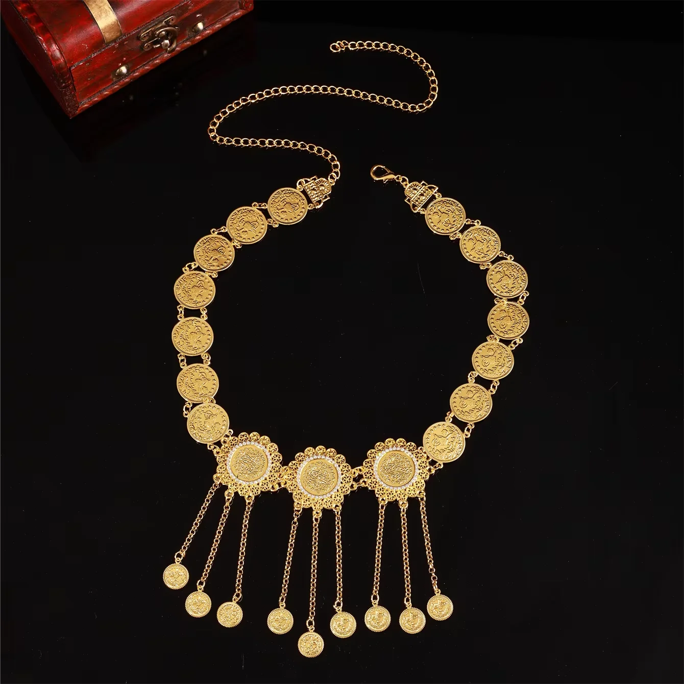 Women Ethnic Waist Belt Floral Hollow Coin Tassel Waist Chain Adjustable Chain for Wedding Party Moroccan Caftan Dress Deco