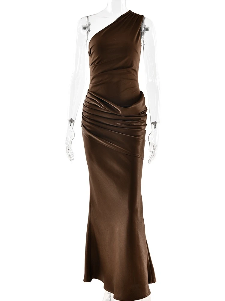 FDYOUI Abito da festa lungo da donna chic con colletto diagonale e monospalla, elegante abito da sera asimmetrico increspato senza maniche