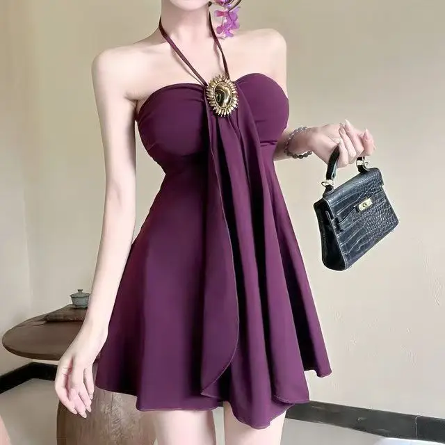 Robe élégante violette à une épaule avec bretelle tour de cou, jupe courte trapèze élégante, taille haute, sans manches, décontractée pour le quotidien