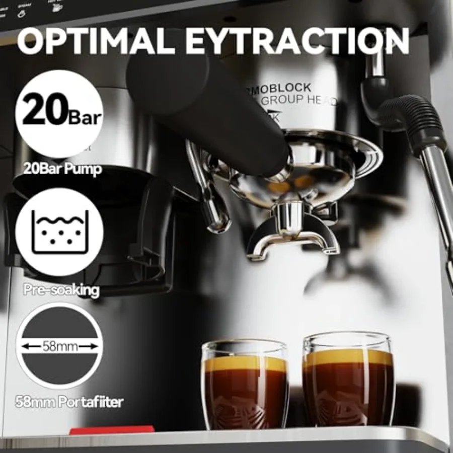 Máquina de café expreso profesional para uso doméstico y cafetería con extracción de alta presión de 20 bares 15 ajustes de molienda ajustables Heati dual